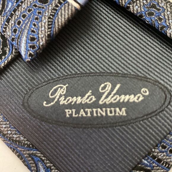 ProntoUomo platinum Mens wearhouse gray baby blue black paisley stripe Xlong - Picture 6 of 7